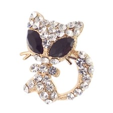 Kitty Kitten Cat Big Eyes Pin Brooch Rhinestone Black Clear 18k GP Jewelry Gift