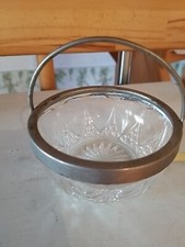 Vintage Glasschale Körbchen Glasschüssel ,  Metallrand / Griff Schale Alt 