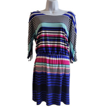 Guess Blue Pink & White Striped Dress Size 8 Drop Waist 3/4 Length Sleeve