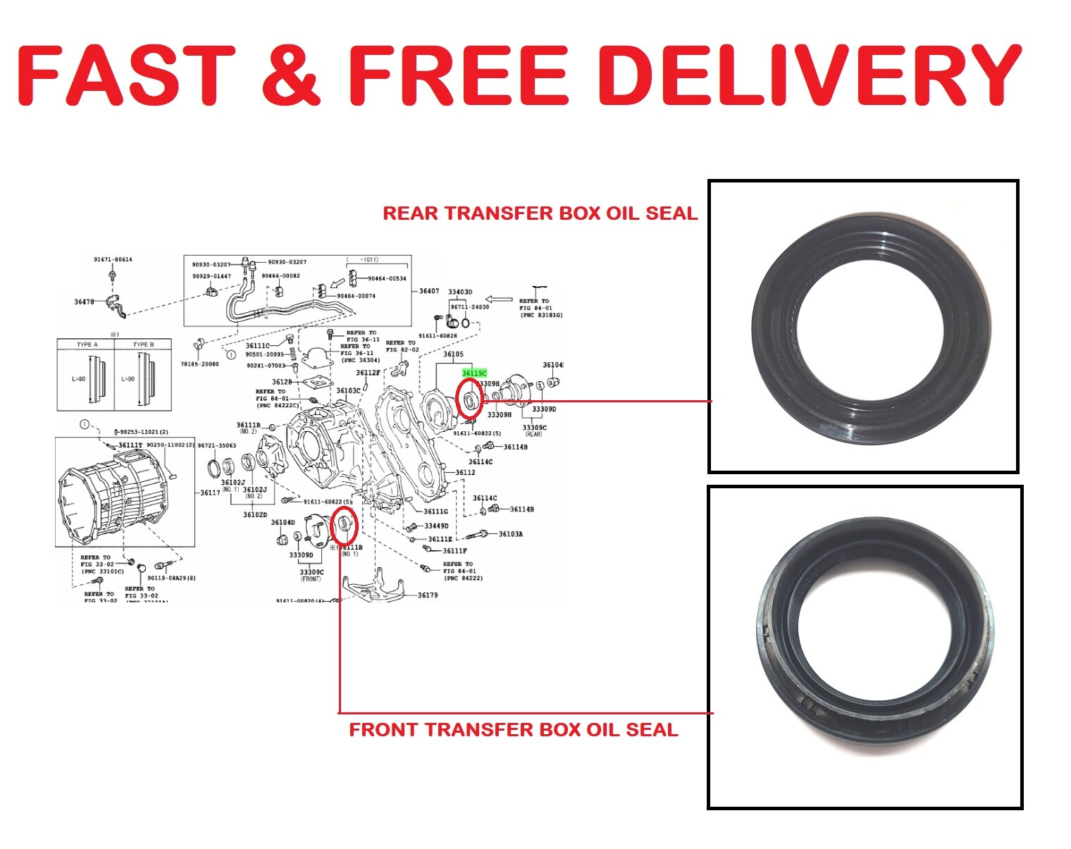 FRONT & REAR TRANSFER BOX SEAL for TOYOTA LAND CRUISER KDJ120/125 3.0TD 09/2002+