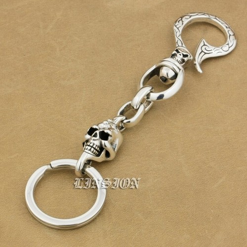 925 Sterling Silver Skull Hook Belt Clip KeyRing Mens Biker Punk Keychain 9T011A - Picture 1 of 7