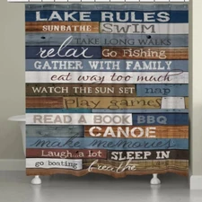 Laural Home Cabin Lake House Style Shower Curtain "Lake Rules" 70 Inch X 72 Inch