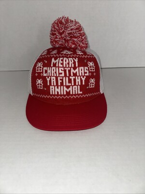 Lit Christmas Trucker Hat Red White ''Merry Christmas Ya Filthy Animal'' Snapback