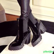 Women's Ankle Boots Shiny Leather Heel Platform Riding Dress Shoes Office Lady's