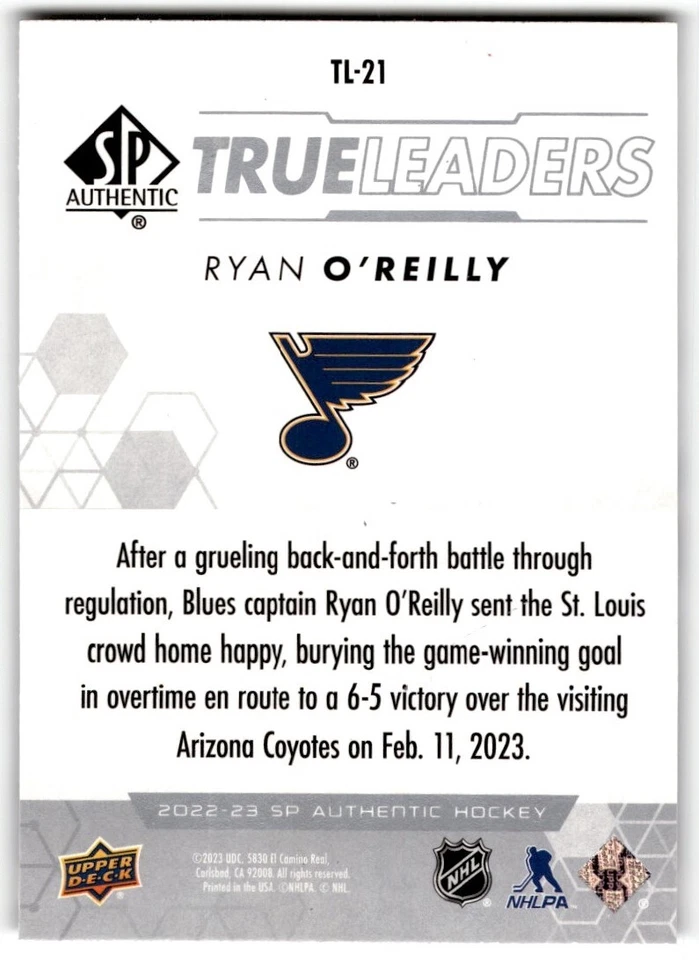 2022-23 SP Authentic True Leaders Ryan O'Reilly #TL-21 St. Louis Blues - Image 2 of 2