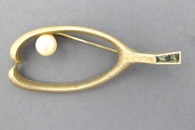 VTG Crown TRIFARI Gold Tone Wishbone Brooch Pin w/Peridot Rhinestones & Pearl C4