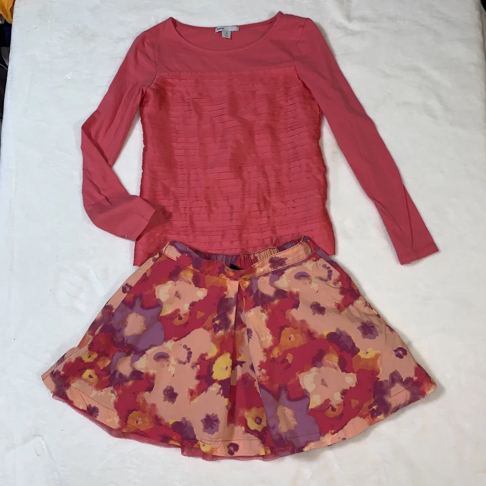 Gap Kids Girls Coral Blouse Satin Ribbon Across Top Skirt Maxing Colors Size 8 - Image 3 of 4