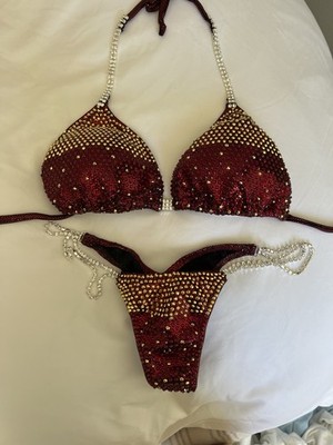 NEW Red/Gold Competition NPC IFBB Rhinestone Bikini Set 