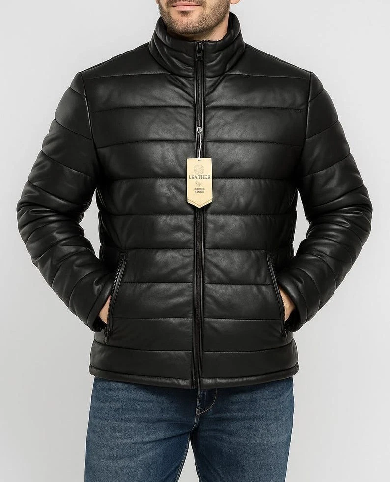 Men's Lambskin Leather Puffer Jacket: Black Quilted Winter Coat