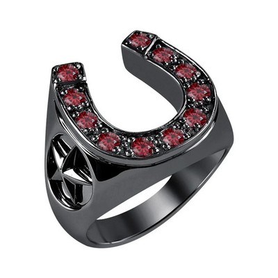 0.50 Ctw Lab Created Red Garnet 14K Black Gold Over 2-Star Horseshoe Men's Ring