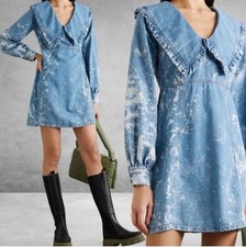 GANNI  Light Bleach Denim V-neck Ruffle Collar Dress Sz Small NWT