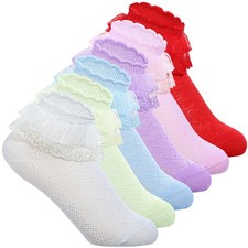 Telooco 6 Pairs Girls Ruffle Socks Cute Lace Frilly Ankle Medium, Multicolor