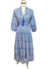 DZUBI Maxi Dress Shirt Block Print Blue White 3/4 Sleeve Tassel Size XS