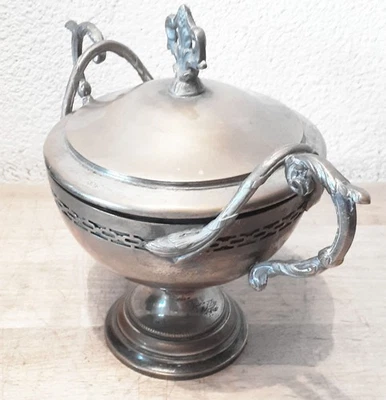 VINTAGE ANCIEN BOL A BOUILLON BRONZE ARGENTE ET PORCELAINE BLANCHE - Photo 1/4