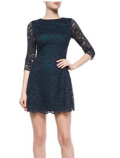 TORY BURCH Dress Blue Lace Green lined floral lace sheath cocktail mini 4 NWT