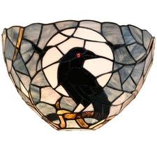 L10958 Raven Sitting on Tree Branch Against Full Moon Tiffany Style Stained G...
