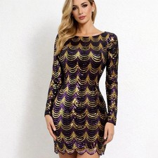 Charlotte Rouse XS Mini Dress Sequins Purple Gold Mardi Gras LSU Long Sleeve