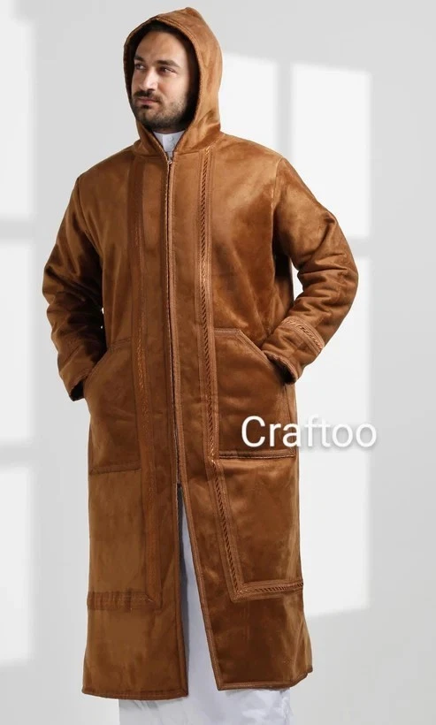 Hoodie Farwa Coat Bisht Unique Fur Morocco Arab Style Winter Warm Jacket GoldTAN - Image 2 of 3