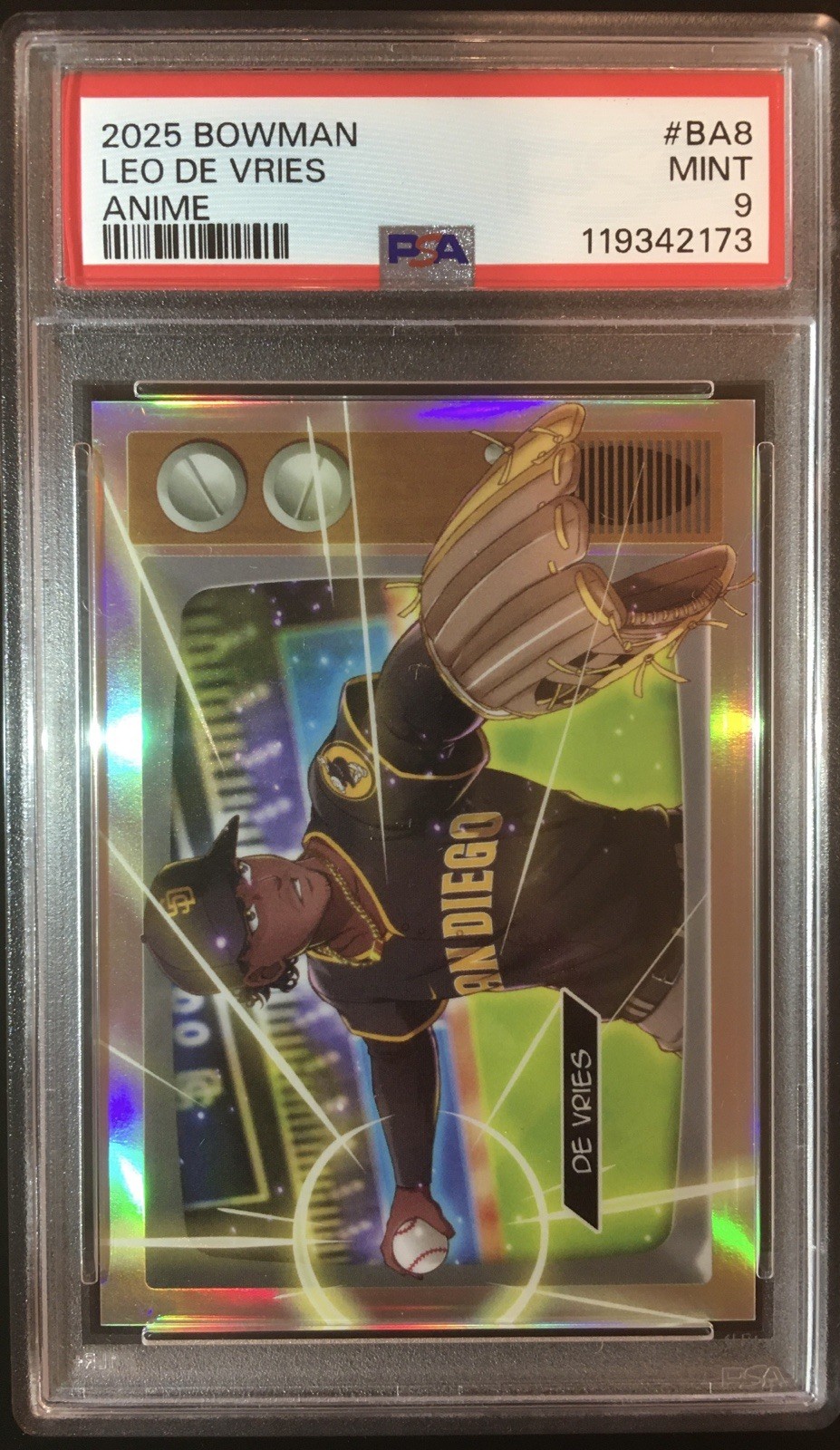 2025 Bowman Chrome Leo De Vries Anime Refractor BA-8 Case Hit Padres PSA 9 Mint