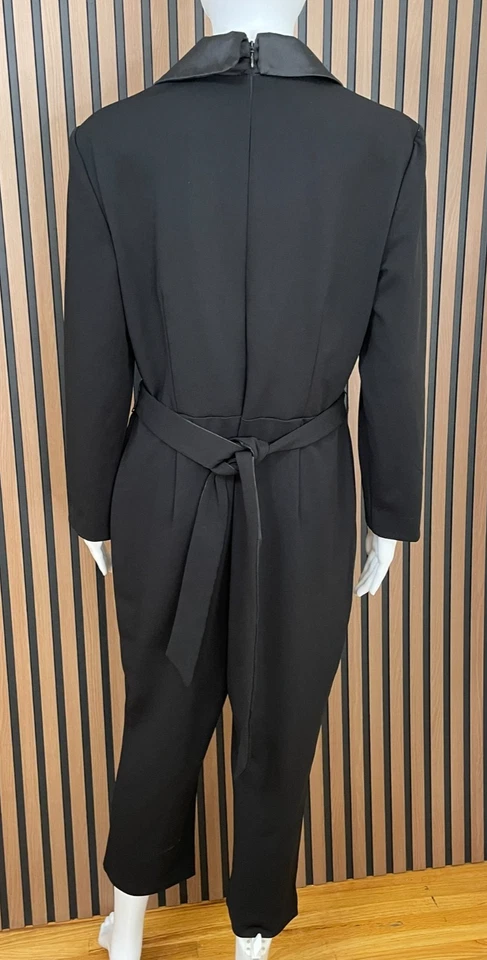 Adrianna Papell Women's Jumpsuit Tuxedo Crepe Satin Belt Stretch Lapel 10 Black - Image 2 of 4