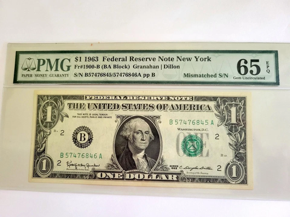 1963 $1 B- NEW YORK PMG 65 EPQ - Mismatched Serial Number - Error Note - 845/846 - Image 3 of 4