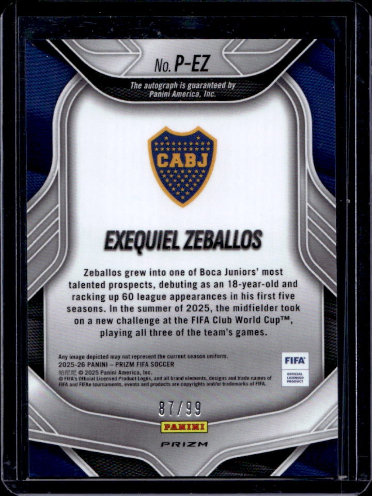 2025-26 Prizm FIFA Exequiel Zeballos Penmanship RC Orange Prizm Auto #/99 view 2