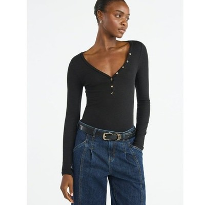 Scoop Long Sleeve Button V-Neck Ribbed Top Black Size XS (0-2) New NWT