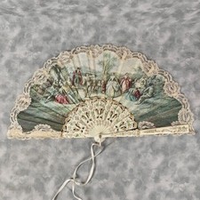 Vintage Style Lace Folding Hand Fan Rococo Garden Scene Floral Pearl Handle 18in