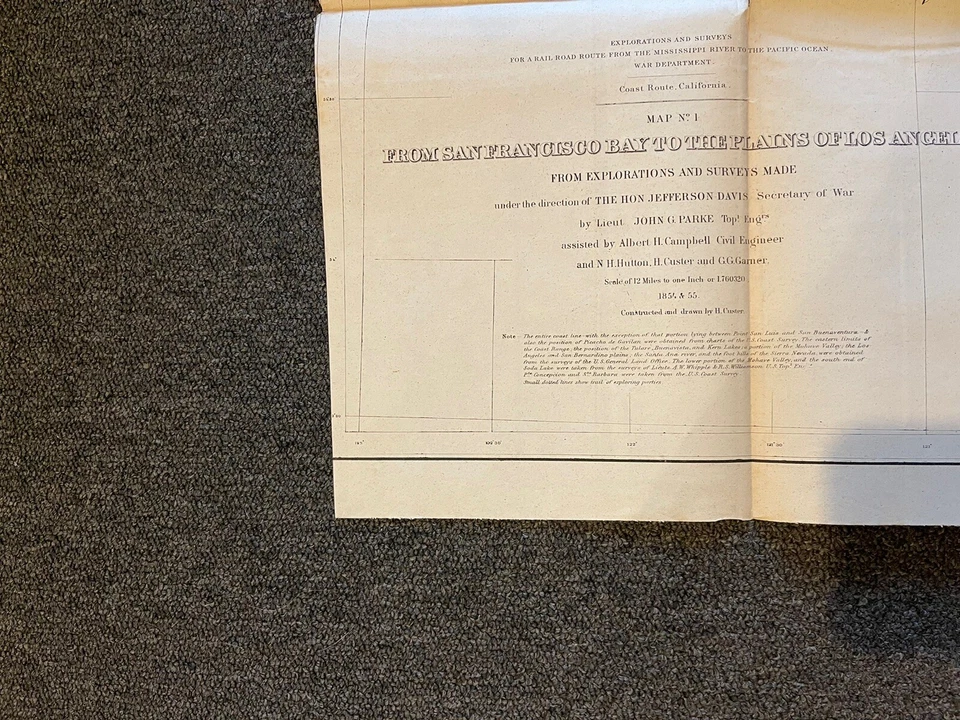 Mapa de encuesta de Estados Unidos 1855 Bahía de San Francisco LA Llanuras Jefferson Davis H. Custer RARO Foto 4 de 4