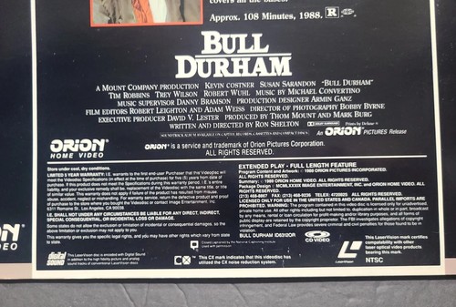 Bull Durham Laserdisc, Kevin Costner, Susan Sarandon 1989 EXCELLENT condition LD - Picture 5 of 8
