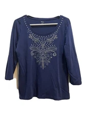 Style & Co Round Neck Silver Stud Details Front 3/4 Sleeves Navy Blue Large Top