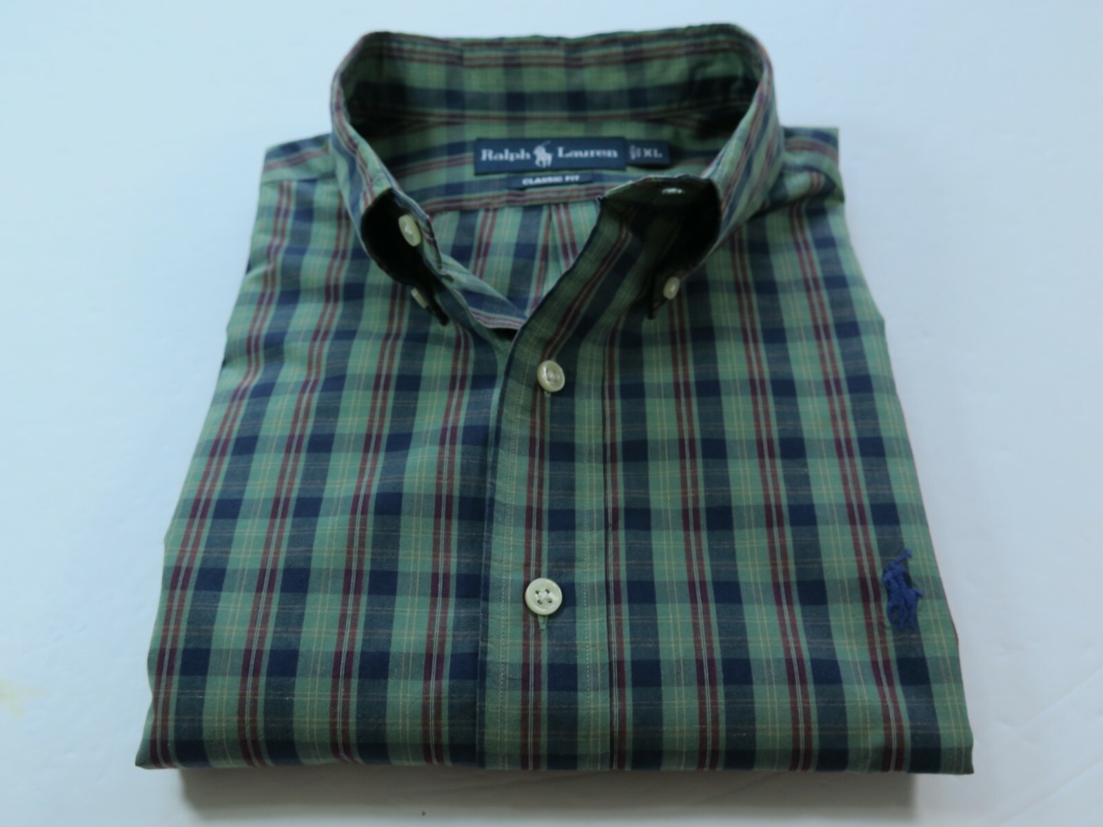 Polo Ralph Lauren uomo verde quadri quadri blu pony vestibilità classica camicia casual XL