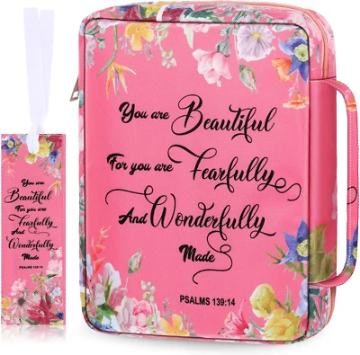 LAUMOI Bible Cover Case Floral w/Handle Back Pocket 10 Women Bible Bag w/Bookmark Pink
