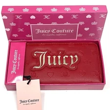 JUICY COUTURE Zip Around Wallet Lipstick Red Liquid Gold Logo Gift Box Boxed NEW