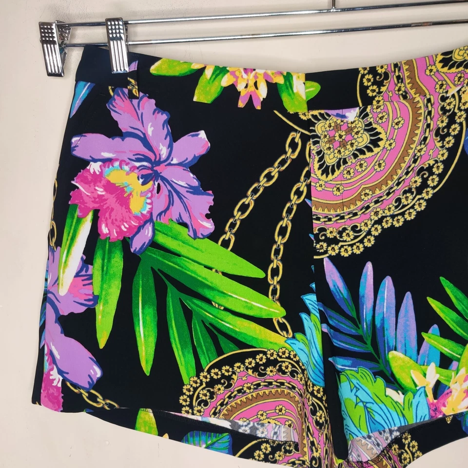 Pantalones Cortos Jennifer Lopez Talla 14 Negro Tropical Floral Estilo Miami Bolsillos Foto 2 de 4