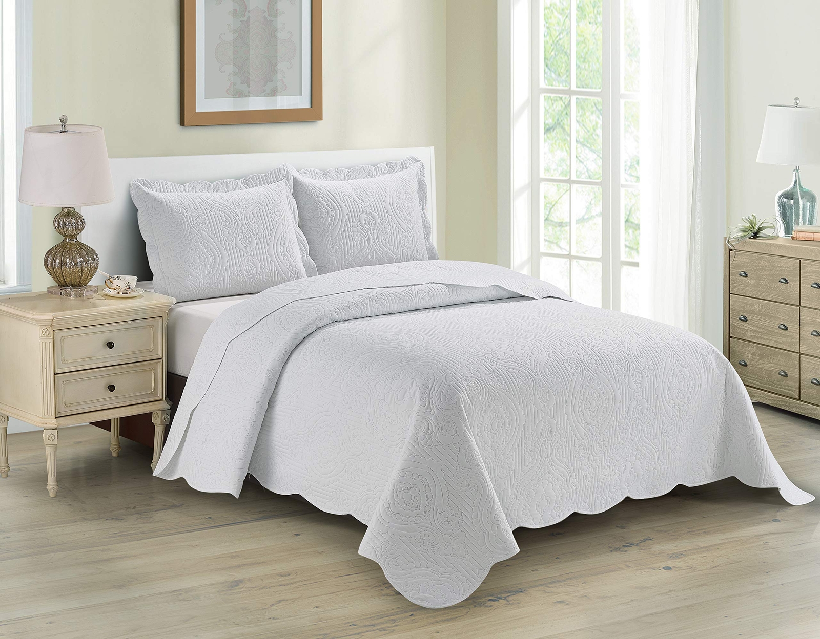 3pc Full/Queen Over Size Luxury Embossed Bedspread Set Light Weight Solid Whi...