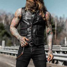 Men's Vintage Black Genuine Lambskin Leather Biker Vest Distressed Motorcycle