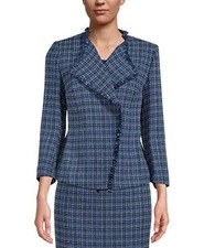 Kasper Women's Tweed Long Sleeve Open Front Jacket With Fringe Twilight Blue...