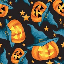 Halloween Jack-O-Lantern Allover - Black, Cotton Fabric 45" Wide