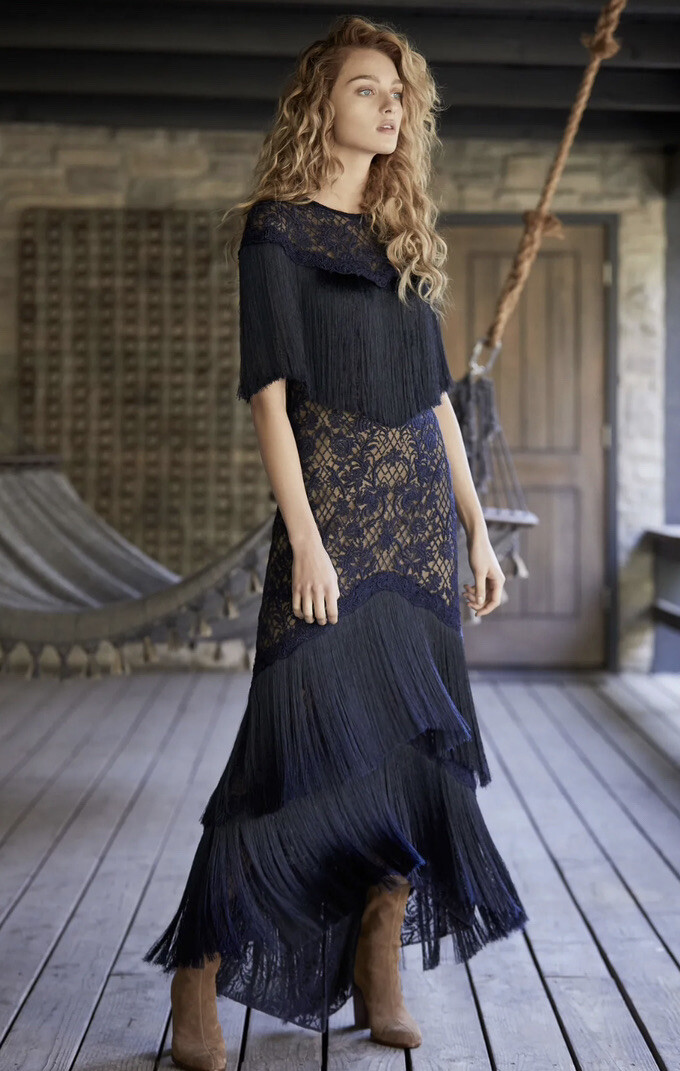 Tadashi Shoji ノースリーブドレス US 2 Tadashi Shoji $850 Fall Runway Navy Fringe High Low Dress US2