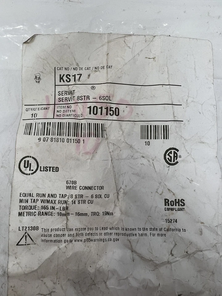 (10 Pack) Burndy KS17 Servit Split-Bolt, 8 Str. - 6 Sol. Copper Run and Tap - Image 2 of 4