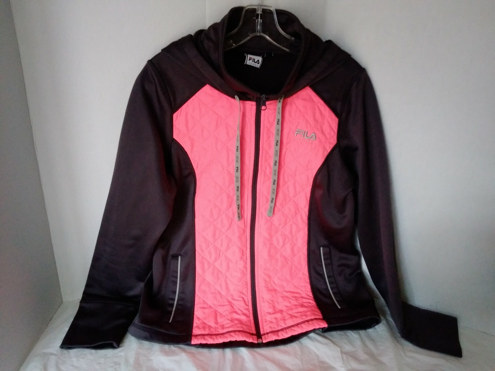 Giacca sportiva donna felpa FILA cappuccio zip intera taglia Med arancione nero pesca