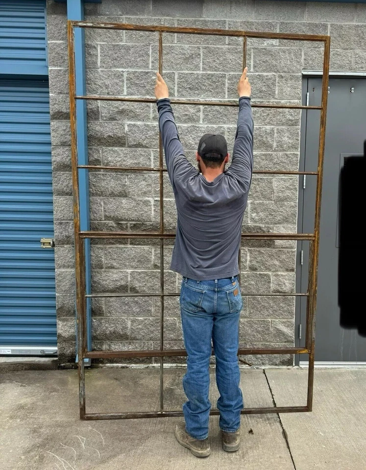 ANTIQUE 18 Lite Steel Industrial Shop 1 Window 98”x 62”Vintage. NO GLASS.Salvage - Image 2 of 4