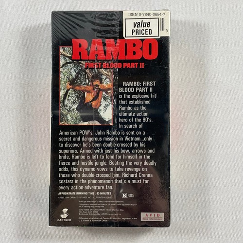 New/Sealed Rambo First Blood Part II Avid VHS w/ Live Home Video Watermark tape - Picture 2 of 8