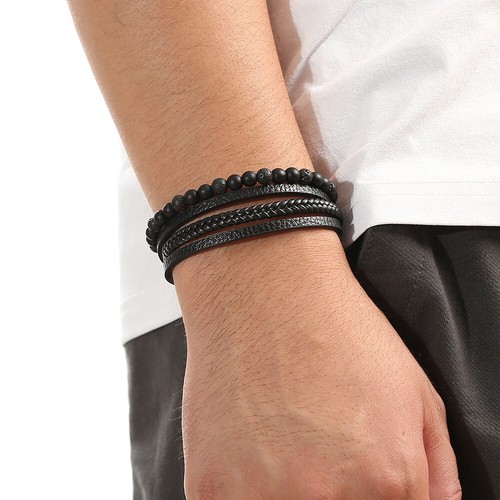 Men's Layered Braided Leather Beaded Bracelet Wrist Band Bangle Multi-layer - Picture 5 of 11