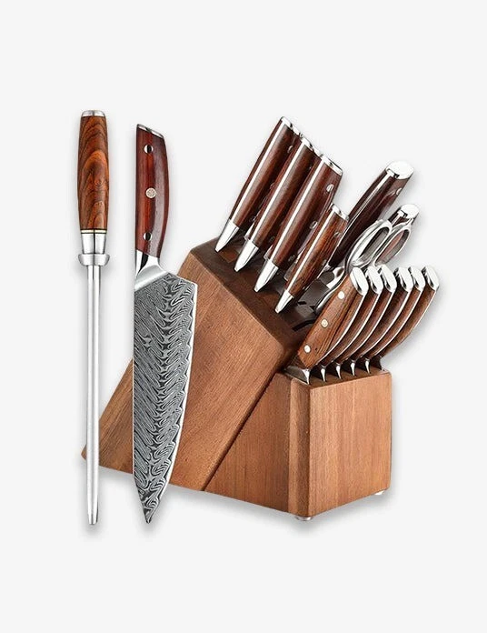 Blade Born Series 15 Pcs Damascus Steel Damascus Knife Set with Triple Rivets Ha