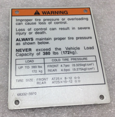 Suzuki Tire Air Pressure Warning Label Eiger 68332-38F00 2002-2007