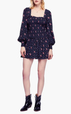 NWT Free People Two Faces Smocked Floral Mini Dress Size Small Black