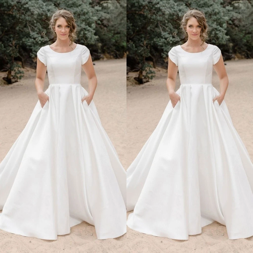 a line wedding dress ebay Satin Bateau Neckline A-Line Wedding Dress With Lace Appliques WD192 US18 / Ivory