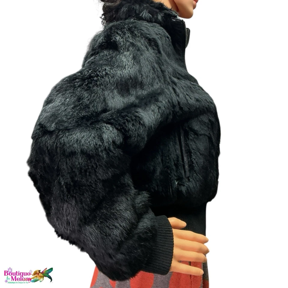 Chaqueta de bombardero Azzure genuina de piel de conejo con ribete negra con cremallera frontal talla M Foto 3 de 4